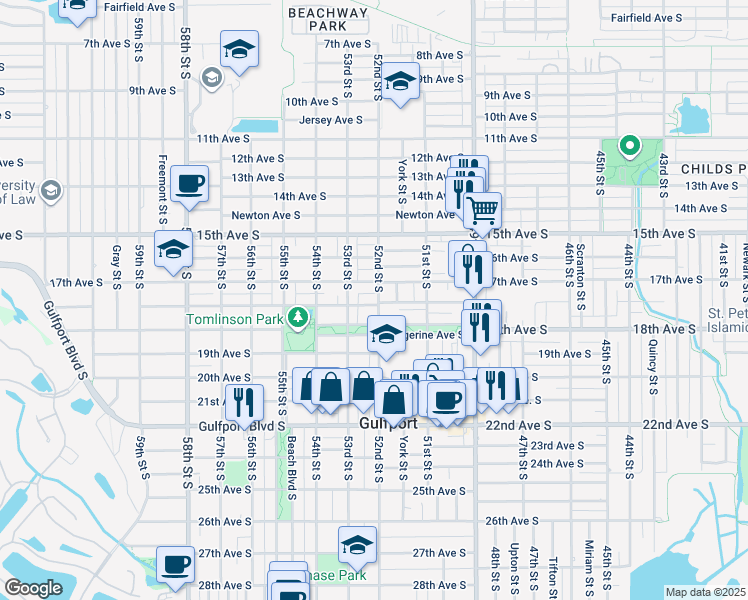 map of restaurants, bars, coffee shops, grocery stores, and more near 5201 18th Avenue South in Gulfport