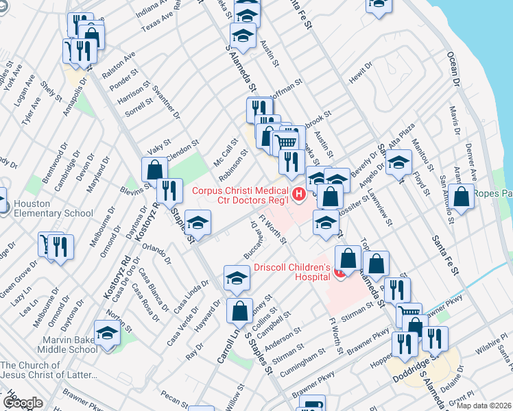 map of restaurants, bars, coffee shops, grocery stores, and more near 628 Texan Trail in Corpus Christi