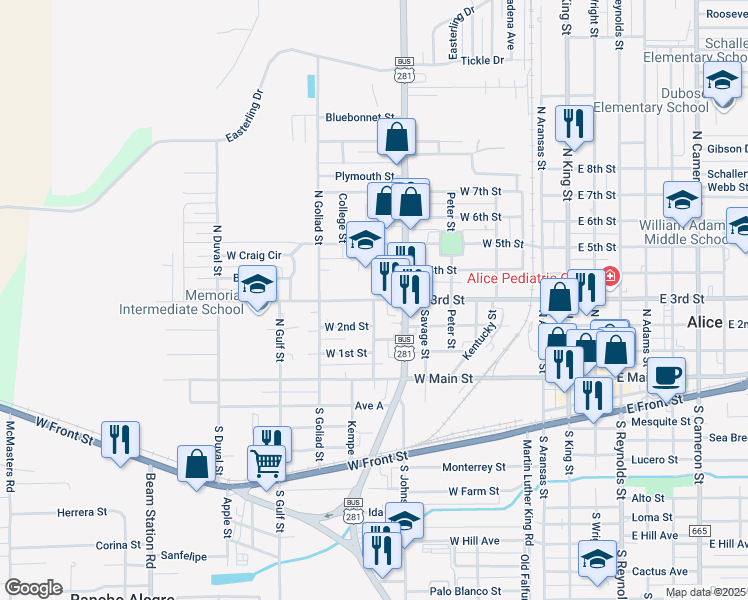 map of restaurants, bars, coffee shops, grocery stores, and more near 701 West 3rd Street in Alice