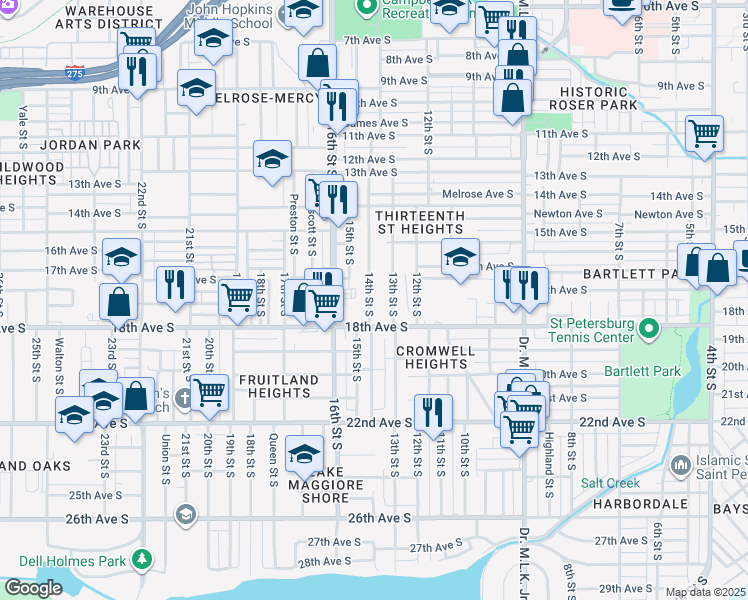 map of restaurants, bars, coffee shops, grocery stores, and more near 1660 14th Street South in St. Petersburg