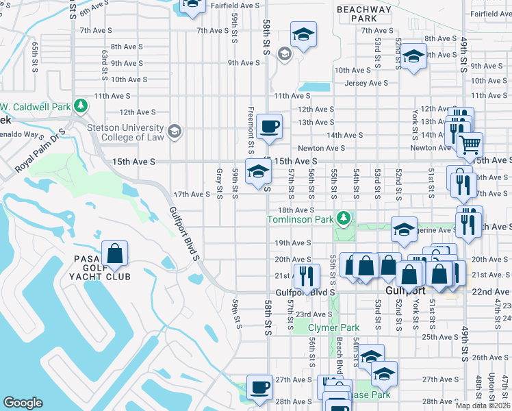 map of restaurants, bars, coffee shops, grocery stores, and more near 5817 18th Avenue South in Gulfport