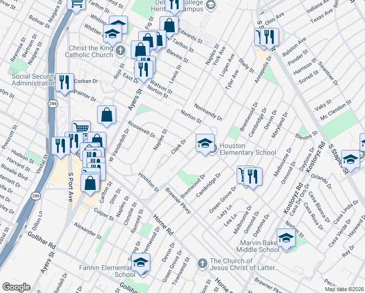map of restaurants, bars, coffee shops, grocery stores, and more near 330 Clark Drive in Corpus Christi
