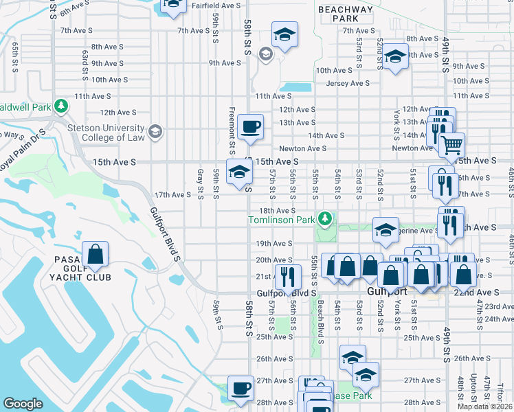 map of restaurants, bars, coffee shops, grocery stores, and more near 5721 18th Avenue South in Gulfport