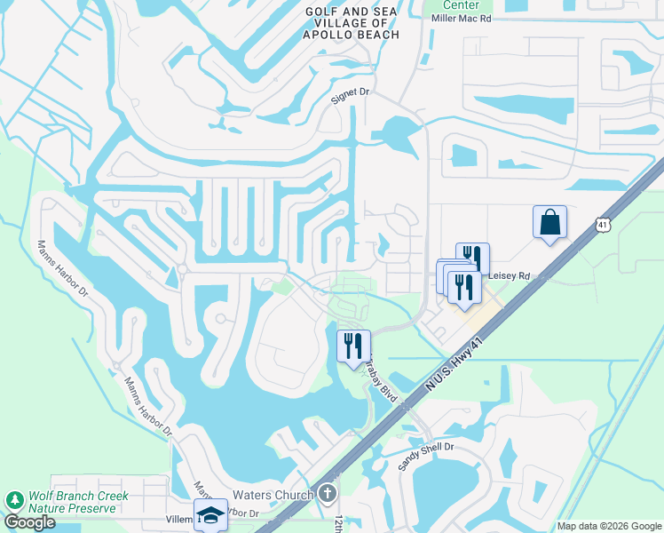map of restaurants, bars, coffee shops, grocery stores, and more near 5602 Seagrass Place in Apollo Beach