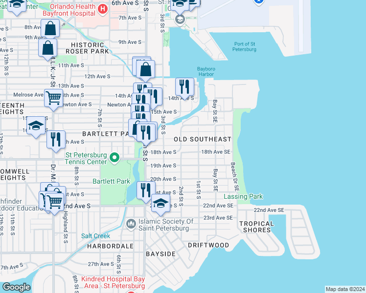 map of restaurants, bars, coffee shops, grocery stores, and more near 149 18th Avenue South in St. Petersburg