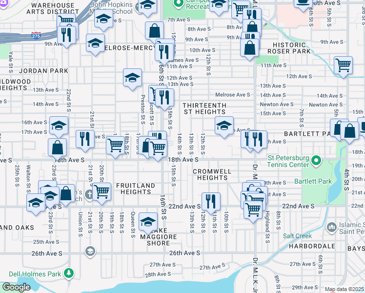 map of restaurants, bars, coffee shops, grocery stores, and more near 1660 14th Street South in St. Petersburg