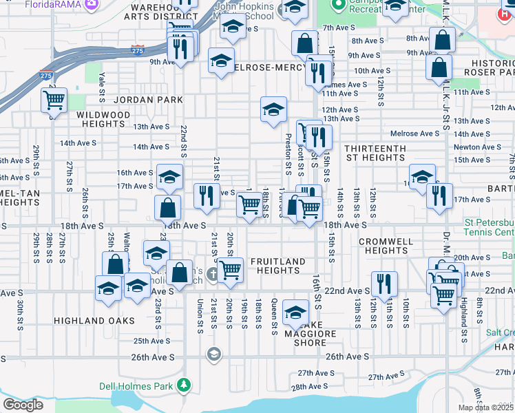 map of restaurants, bars, coffee shops, grocery stores, and more near 1751 19th Street South in St. Petersburg