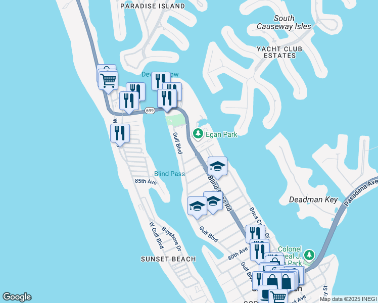 map of restaurants, bars, coffee shops, grocery stores, and more near 9030 Blind Pass Road in St. Pete Beach