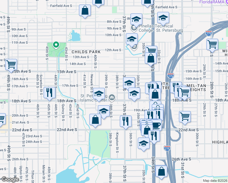 map of restaurants, bars, coffee shops, grocery stores, and more near 1745 38th Street South in St. Petersburg