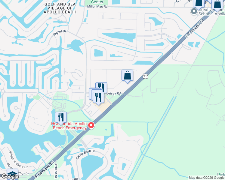 map of restaurants, bars, coffee shops, grocery stores, and more near 61-483 Leisey Rd in Apollo Beach
