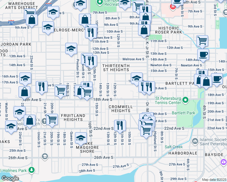 map of restaurants, bars, coffee shops, grocery stores, and more near 1681 12th Street South in St. Petersburg