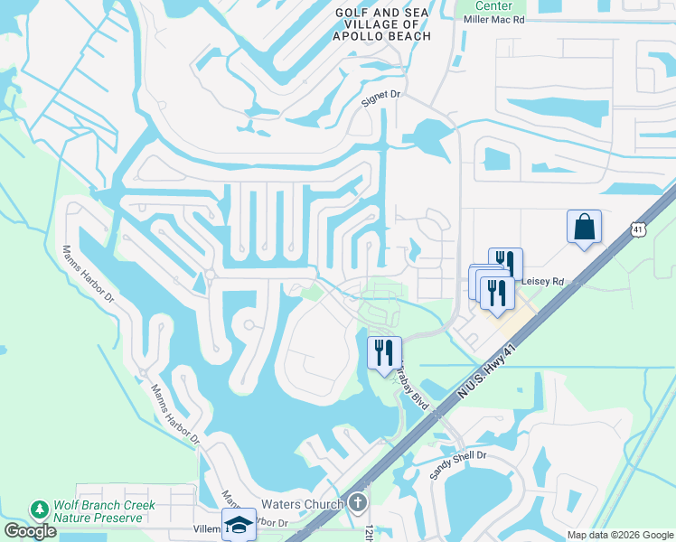 map of restaurants, bars, coffee shops, grocery stores, and more near 5604 Skimmer Drive in Apollo Beach