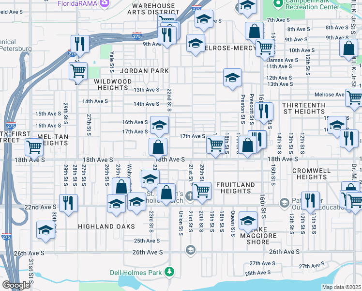 map of restaurants, bars, coffee shops, grocery stores, and more near 2161 Queensboro Avenue South in Saint Petersburg