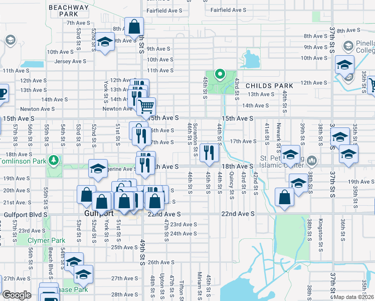 map of restaurants, bars, coffee shops, grocery stores, and more near 4601 Queensboro Avenue South in St. Petersburg