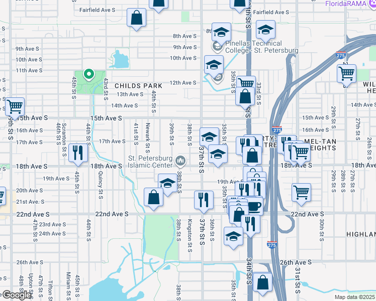 map of restaurants, bars, coffee shops, grocery stores, and more near 1745 38th Street South in St. Petersburg