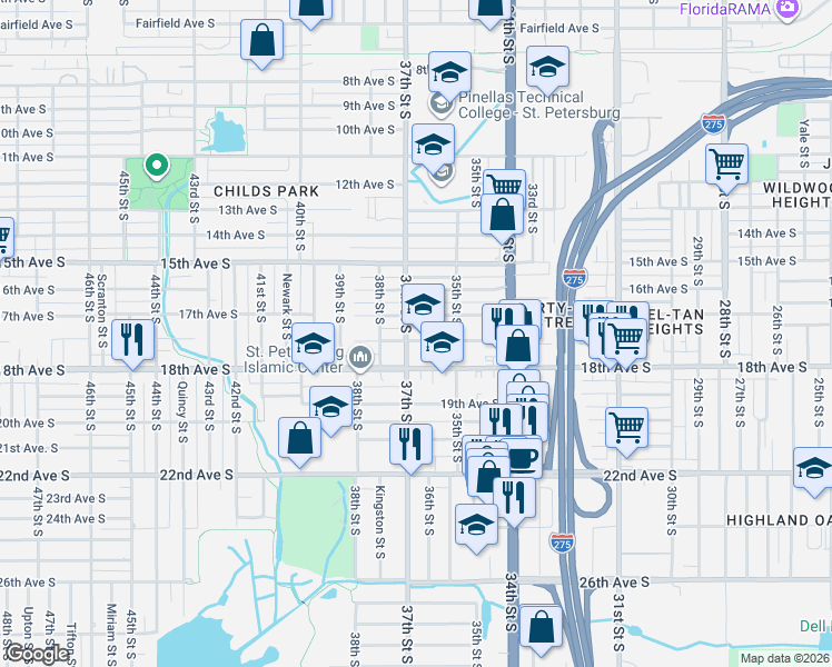 map of restaurants, bars, coffee shops, grocery stores, and more near 3635 Queensboro Avenue South in St. Petersburg