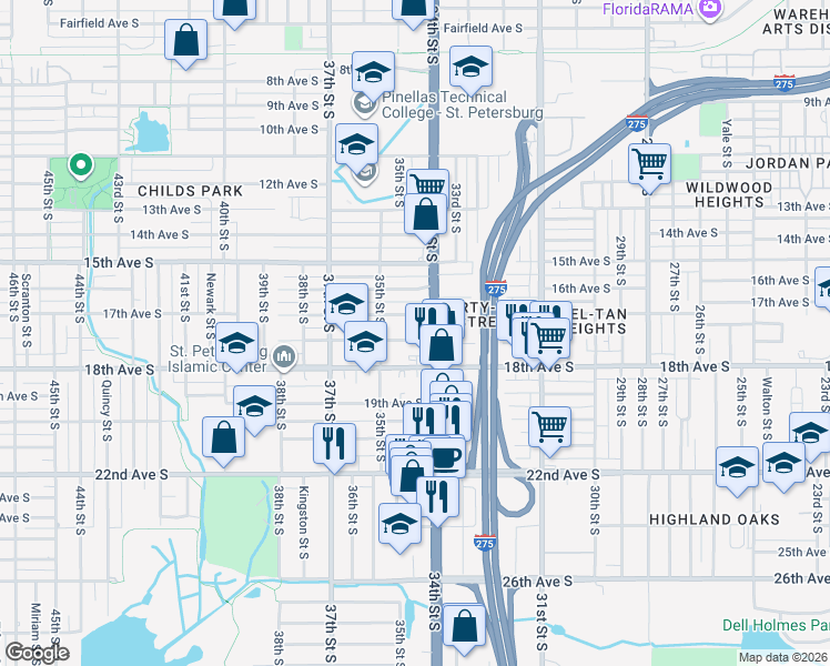 map of restaurants, bars, coffee shops, grocery stores, and more near 3427 Queensboro Avenue South in St. Petersburg