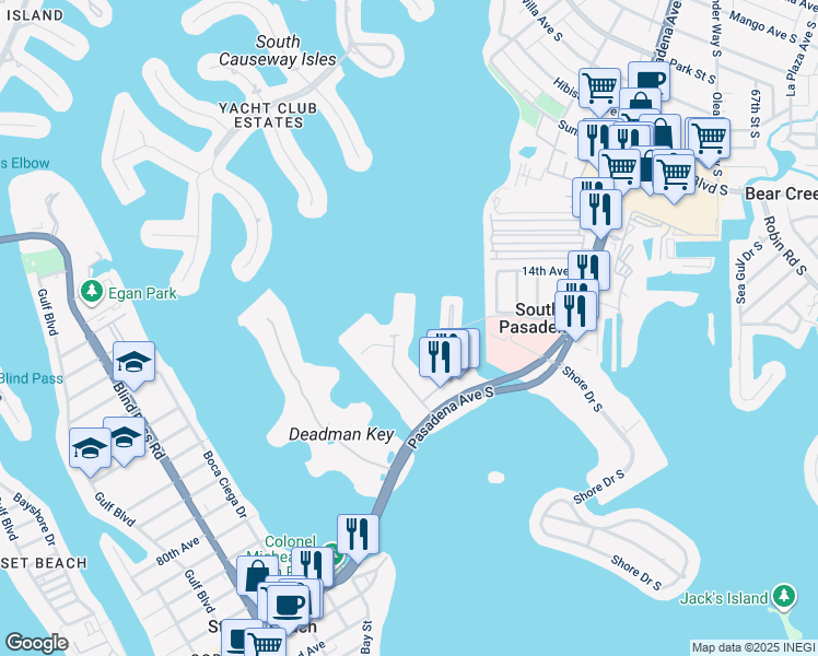map of restaurants, bars, coffee shops, grocery stores, and more near 7625 Sun Island Drive South in South Pasadena