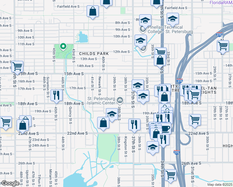 map of restaurants, bars, coffee shops, grocery stores, and more near 1745 39th Street South in St. Petersburg