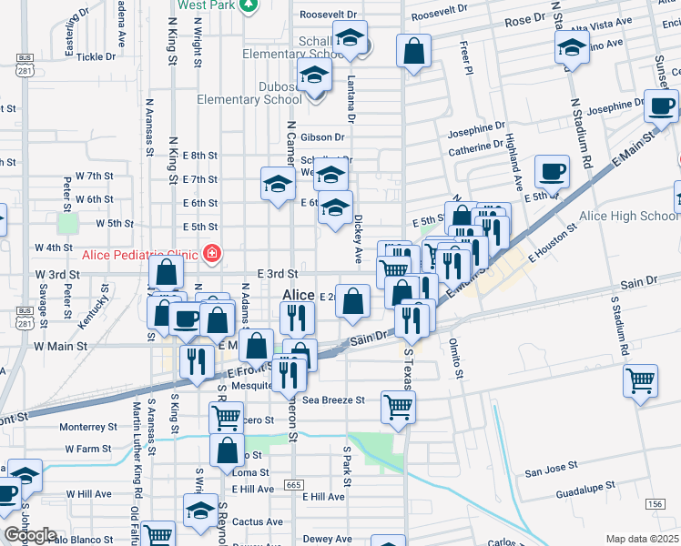 map of restaurants, bars, coffee shops, grocery stores, and more near 901 East 3rd Street in Alice