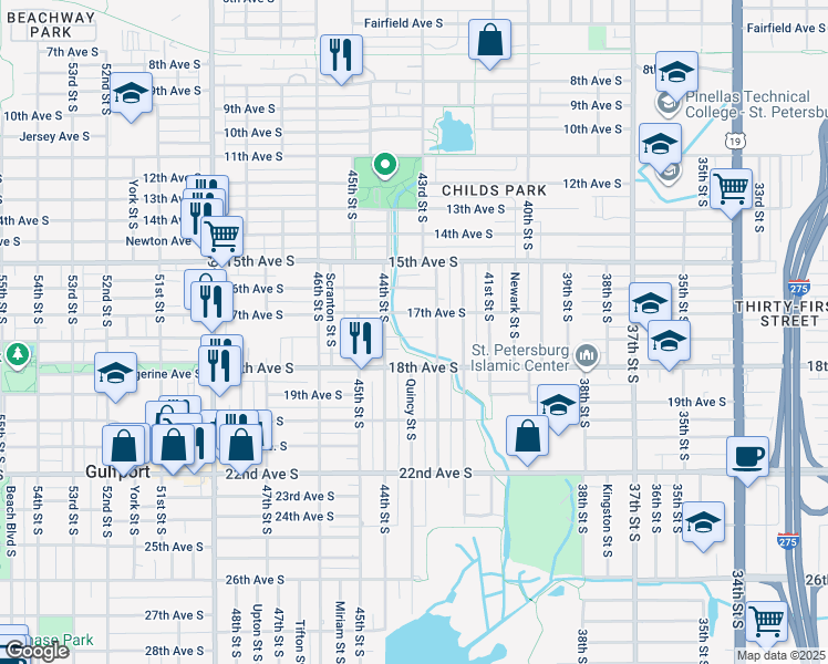 map of restaurants, bars, coffee shops, grocery stores, and more near 4335 Queensboro Avenue South in St. Petersburg