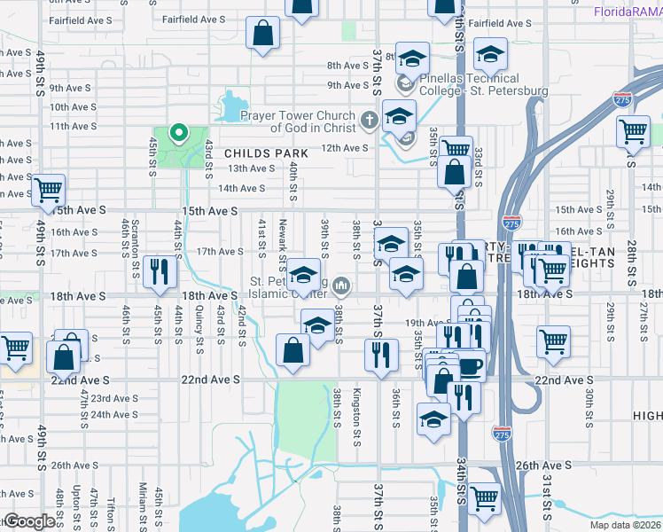 map of restaurants, bars, coffee shops, grocery stores, and more near 1745 39th Street South in St. Petersburg