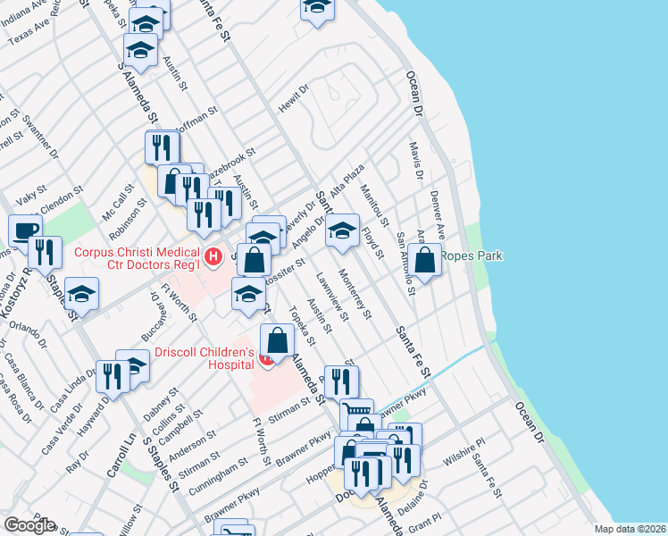 map of restaurants, bars, coffee shops, grocery stores, and more near 3435 Monterrey Street in Corpus Christi