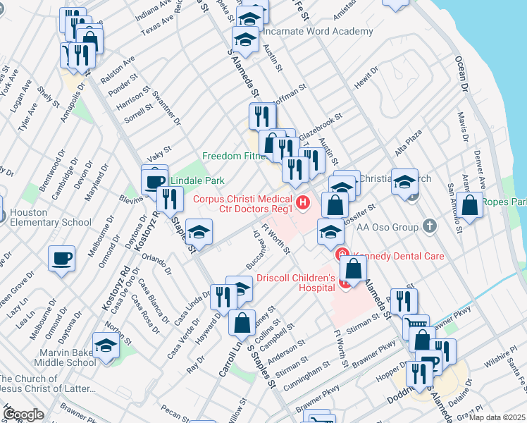 map of restaurants, bars, coffee shops, grocery stores, and more near 622 Texan Trail in Corpus Christi