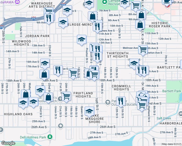map of restaurants, bars, coffee shops, grocery stores, and more near 1725 Prescott Street South in St. Petersburg