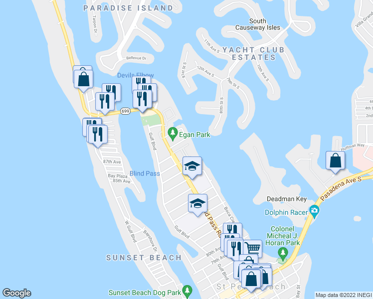 map of restaurants, bars, coffee shops, grocery stores, and more near 8911 Blind Pass Road in St. Pete Beach
