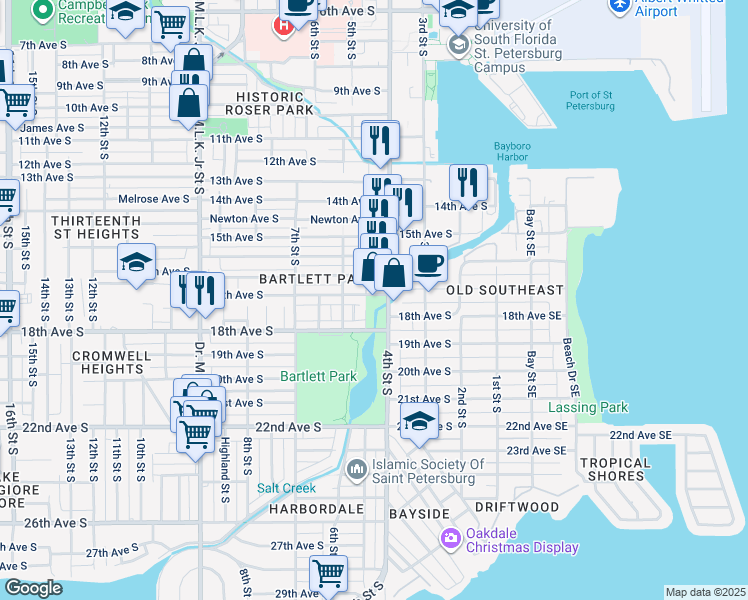 map of restaurants, bars, coffee shops, grocery stores, and more near 1701 4th Street South in St. Petersburg