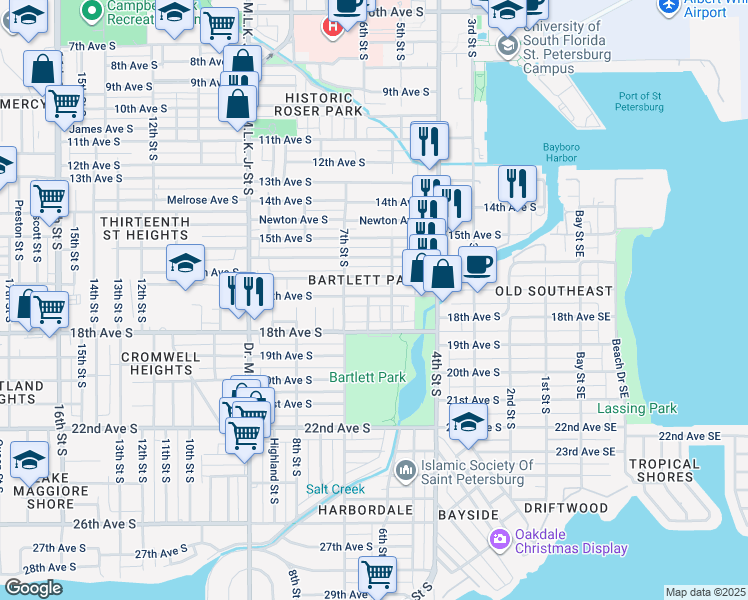 map of restaurants, bars, coffee shops, grocery stores, and more near 626 17th Avenue South in St. Petersburg