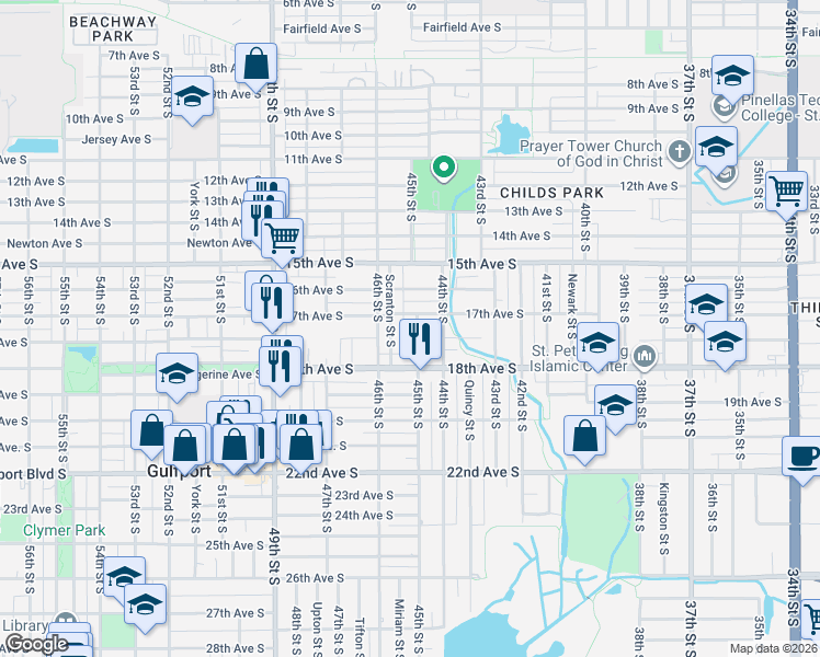 map of restaurants, bars, coffee shops, grocery stores, and more near 1750 Scranton Street South in St. Petersburg