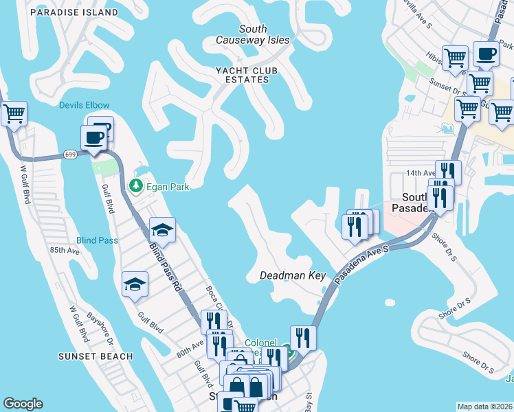 map of restaurants, bars, coffee shops, grocery stores, and more near 8021 Sailboat Key Boulevard South in St. Pete Beach