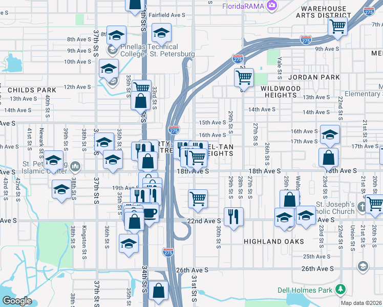 map of restaurants, bars, coffee shops, grocery stores, and more near 1735 31st Street South in St. Petersburg