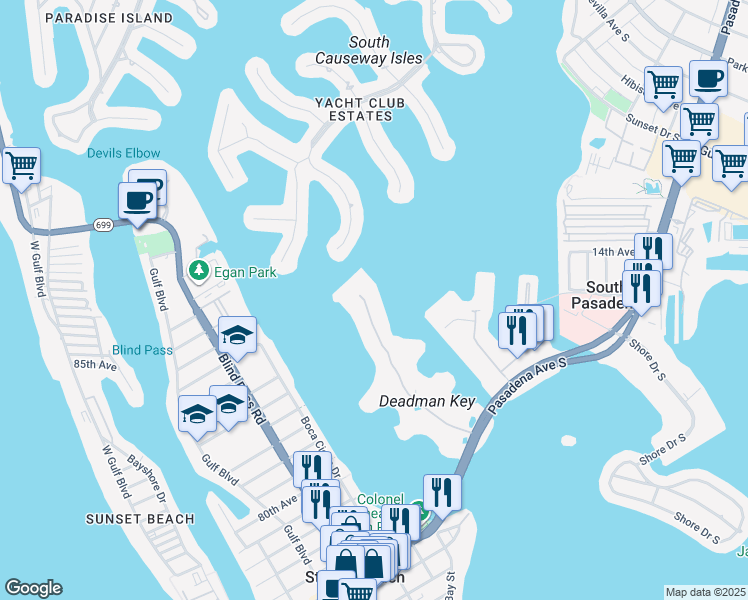 map of restaurants, bars, coffee shops, grocery stores, and more near 8021 Sailboat Key Boulevard South in St. Pete Beach