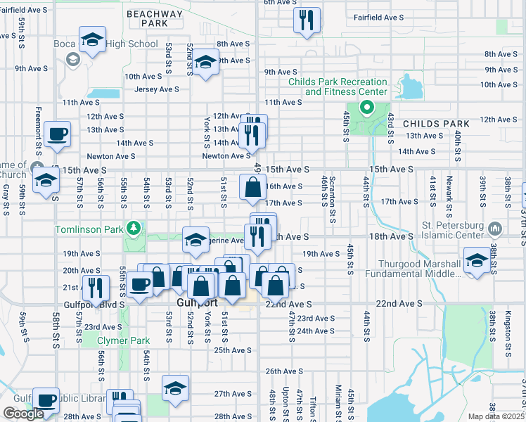 map of restaurants, bars, coffee shops, grocery stores, and more near 1700 49th Street South in Gulfport