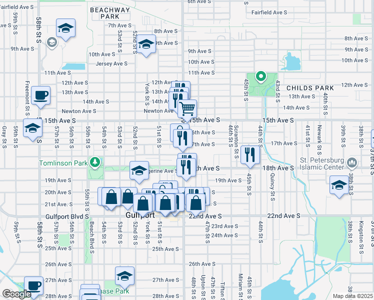 map of restaurants, bars, coffee shops, grocery stores, and more near 1700 49th Street South in Gulfport
