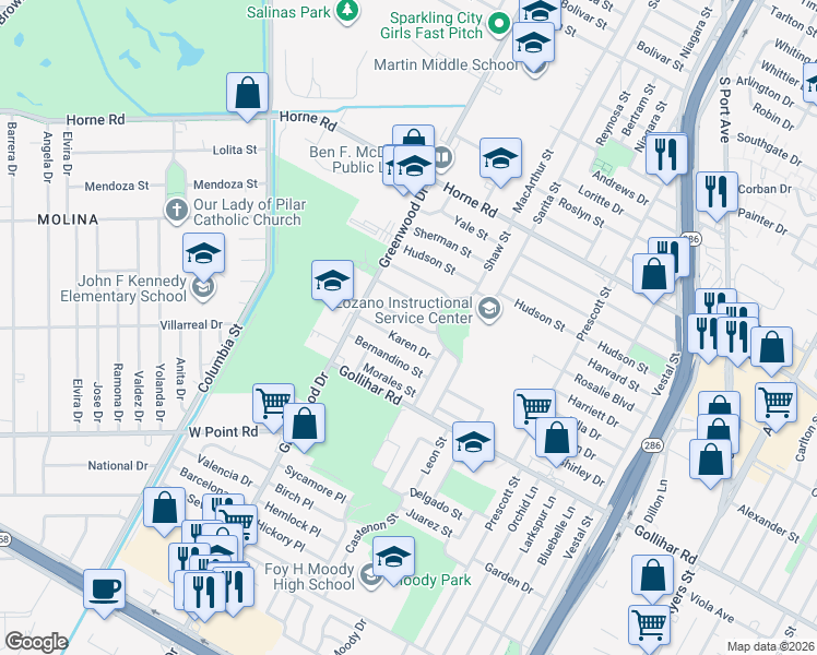 map of restaurants, bars, coffee shops, grocery stores, and more near 1718 Karen Drive in Corpus Christi
