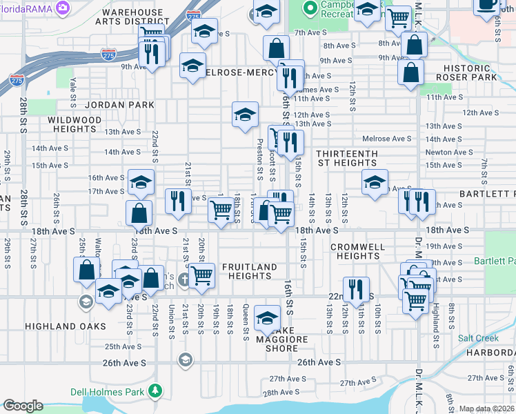 map of restaurants, bars, coffee shops, grocery stores, and more near 1734 Preston Street South in St. Petersburg