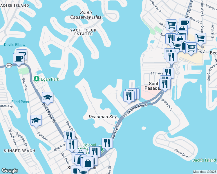 map of restaurants, bars, coffee shops, grocery stores, and more near 7700 Sun Island Drive South in South Pasadena