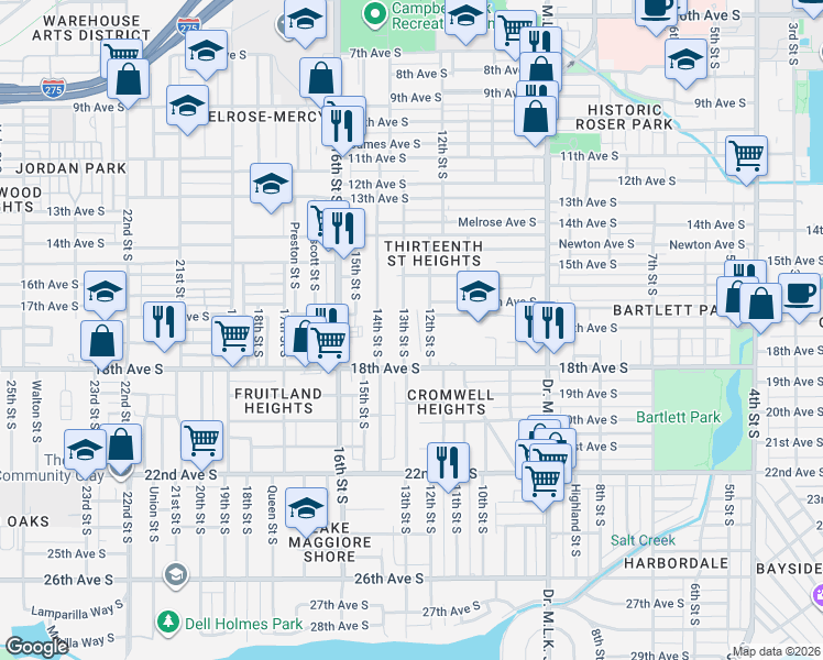 map of restaurants, bars, coffee shops, grocery stores, and more near 1681 12th Street South in St. Petersburg