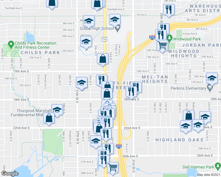 map of restaurants, bars, coffee shops, grocery stores, and more near 3301 Queensboro Avenue South in St. Petersburg