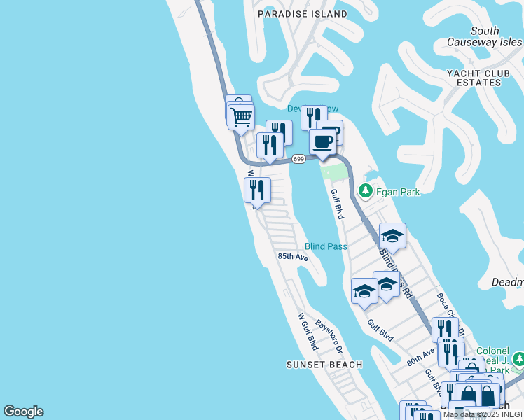 map of restaurants, bars, coffee shops, grocery stores, and more near 8750 West Gulf Boulevard in Treasure Island