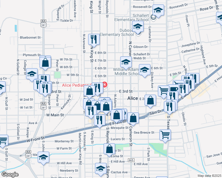 map of restaurants, bars, coffee shops, grocery stores, and more near 401 East 3rd Street in Alice