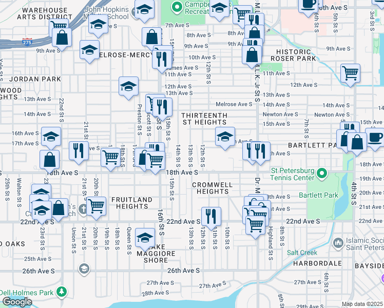 map of restaurants, bars, coffee shops, grocery stores, and more near 1626 13th Street South in St. Petersburg