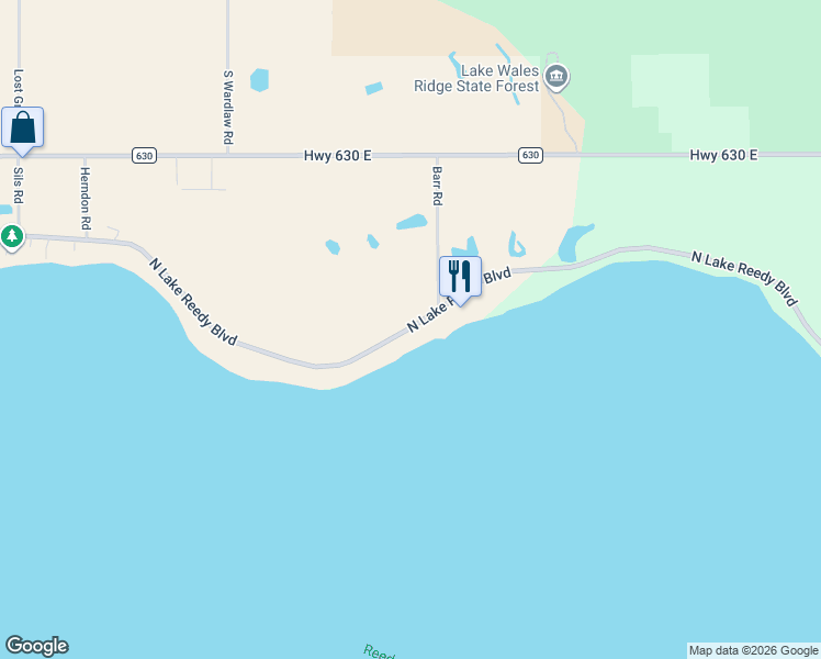 map of restaurants, bars, coffee shops, grocery stores, and more near 1833 North Lake Reedy Boulevard in Frostproof