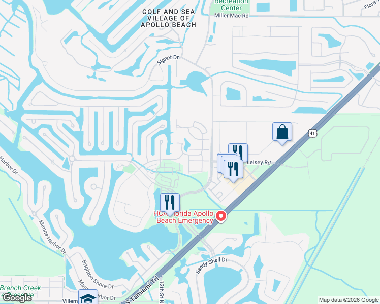 map of restaurants, bars, coffee shops, grocery stores, and more near 5517 Golden Isles Drive in Apollo Beach