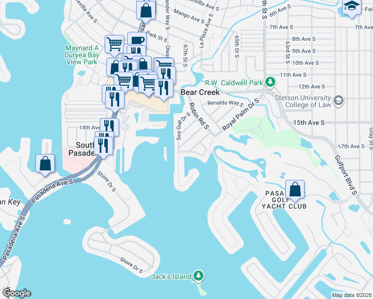 map of restaurants, bars, coffee shops, grocery stores, and more near 6519 Debbie Lane South in St. Petersburg