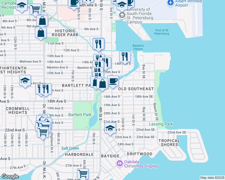 map of restaurants, bars, coffee shops, grocery stores, and more near 1700 3rd St S in St Petersburg